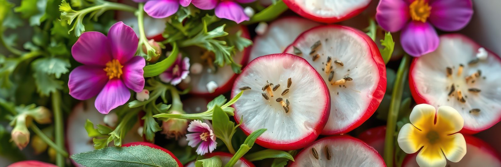 Freshly prepared salad with vibrant vegetables and colorful edible flowers arranged beautifully on a platter